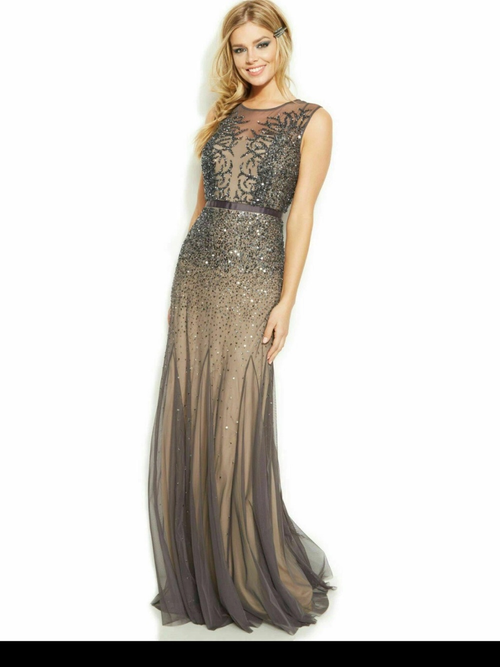 Adrianna Papell beaded mermaid mesh gown in graphite and taupe - Picture 2 of 15